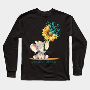 Ovarian Cancer Awareness Cute Elephant Sunflower Teal Long Sleeve T-Shirt